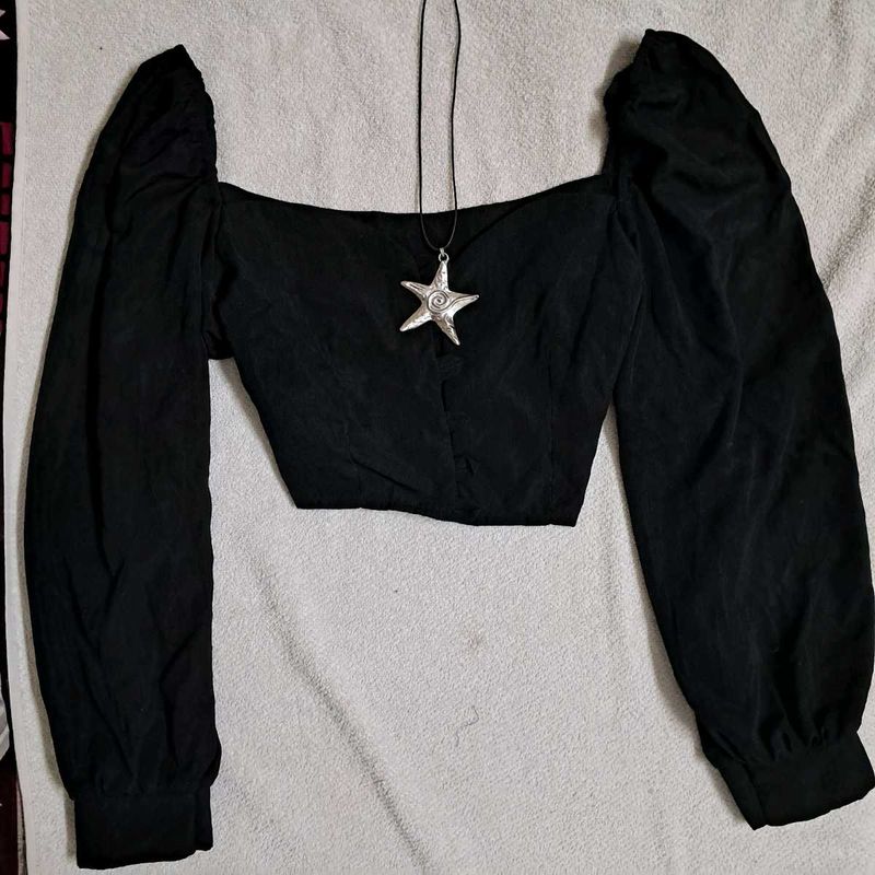 Edgy Black Square Neck Puff Sleeve Crop Top