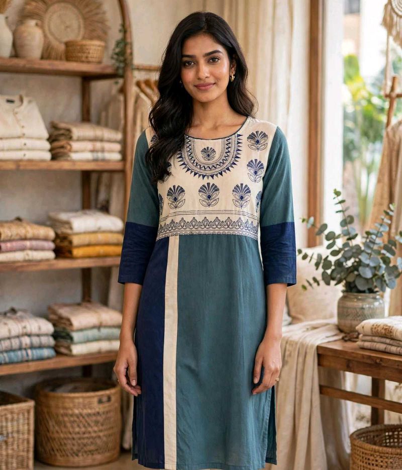 Elegant Teal &amp; Cream Printed Kurta