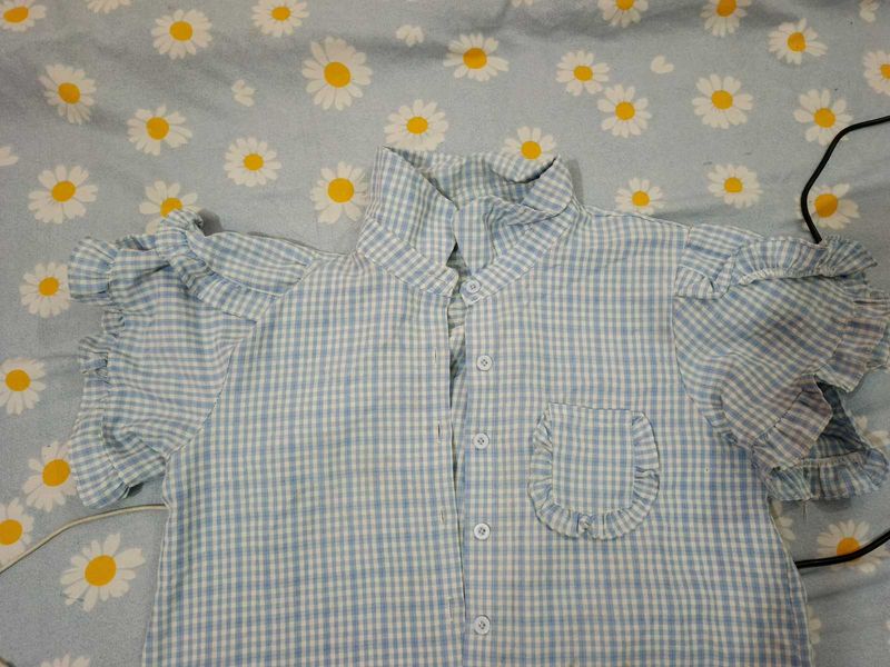 Cute Blue Gingham Ruffle Top