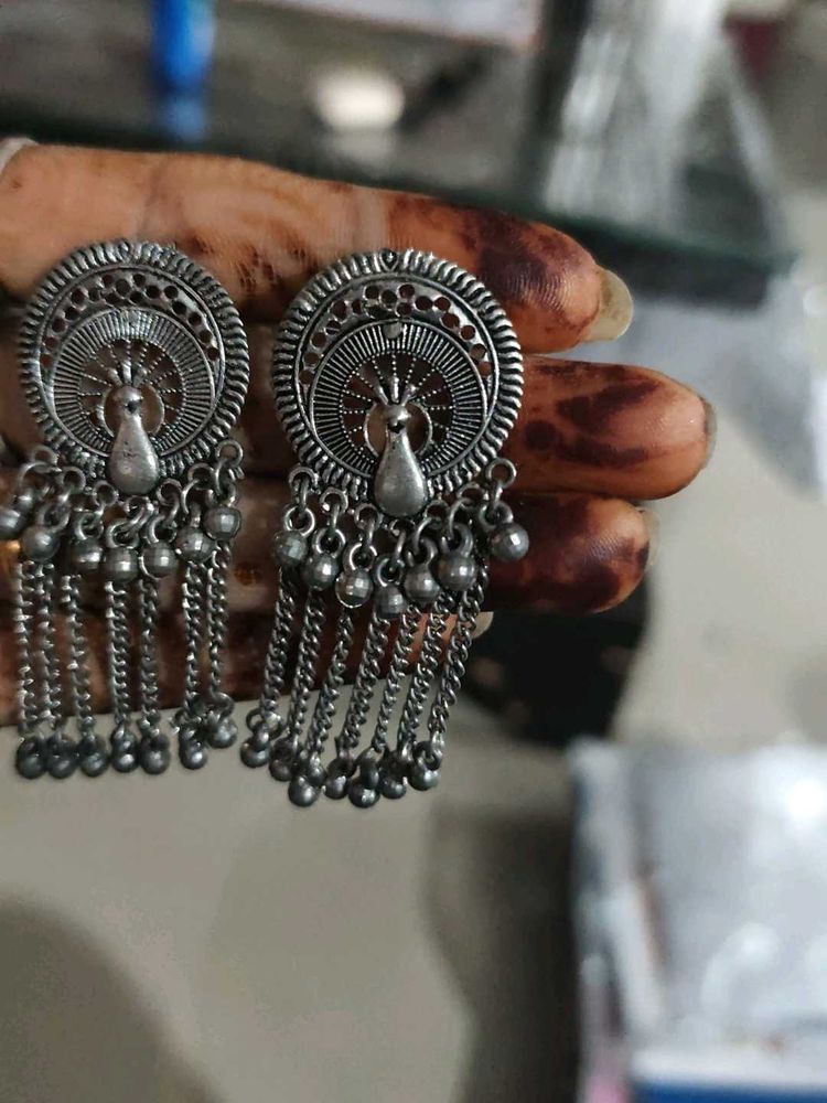 Oxidized Silver Peacock Earrings