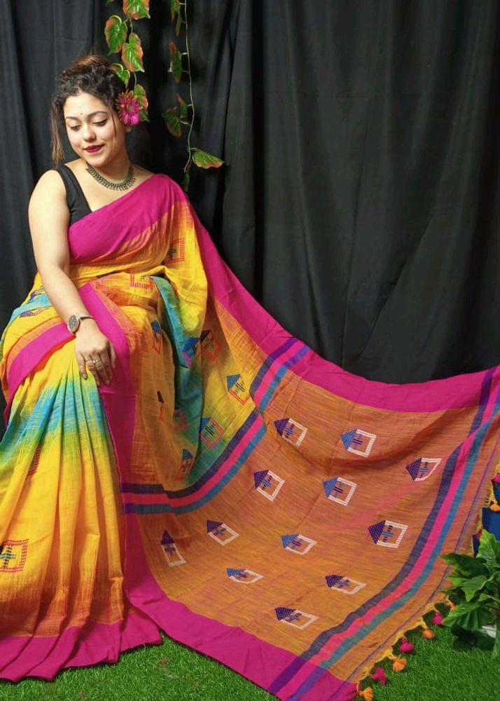 Linen Khadi All Body Ikkat Work And Heavy Embroidered Work On Pallu