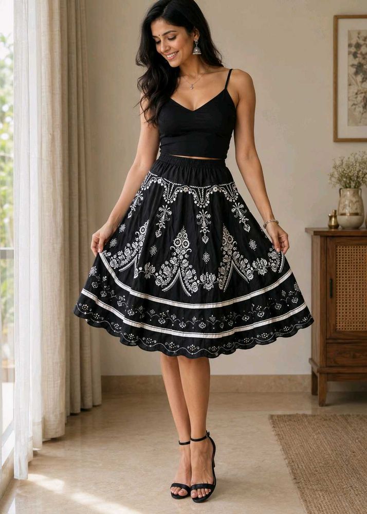 Black Embroidered A-Line Skirt