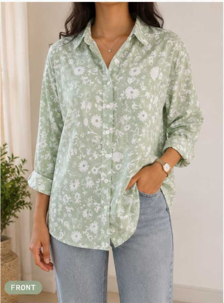Light Green Floral Print Button-Up Shirt