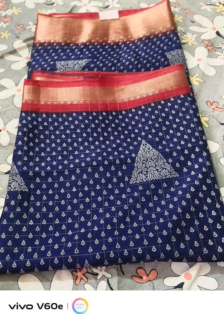 Blue Saree with Red and Gold Border