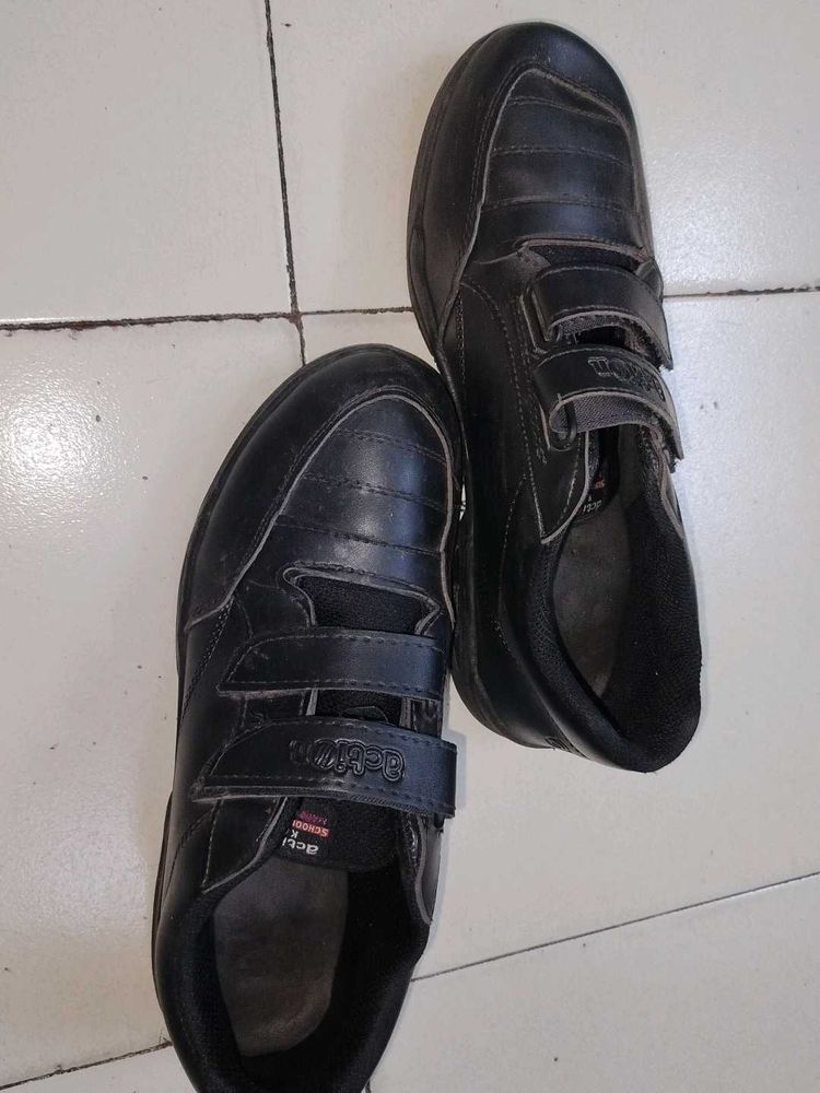 Black Leather Velcro School Shoes