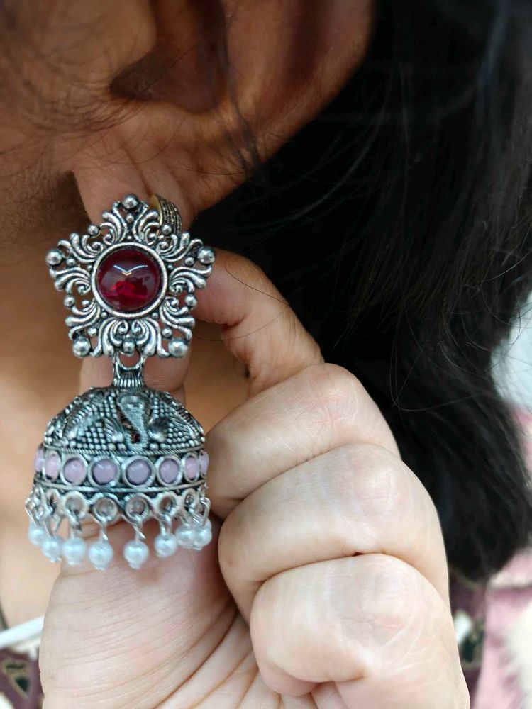 Oxidised Silver Jhumka Earrings with Red Stone