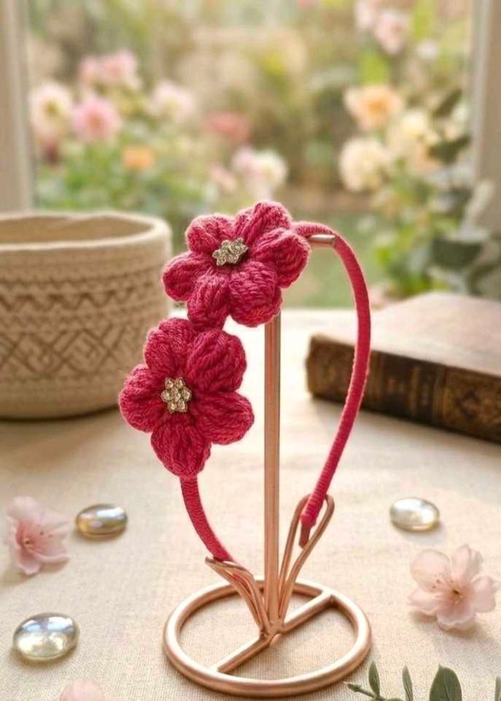 Handmade Red Crochet Flower Hairband with White Pe