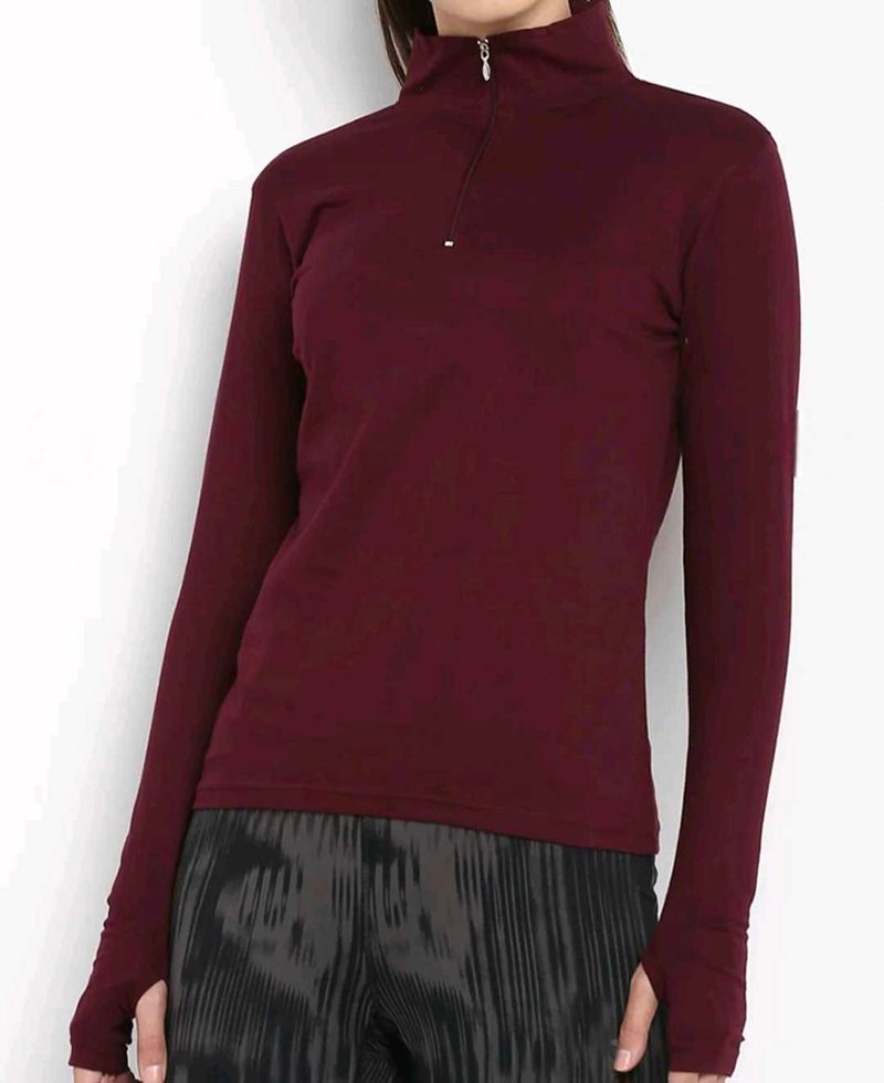 Maroon Mock Neck Thumbhole Top