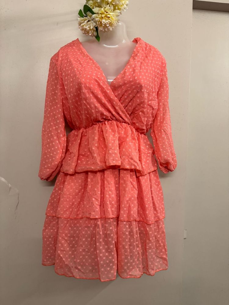 Coral Swiss Dot Tiered Dress