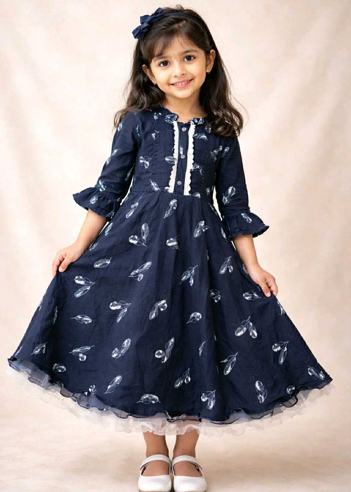 Kids Navy Feather Print Dress