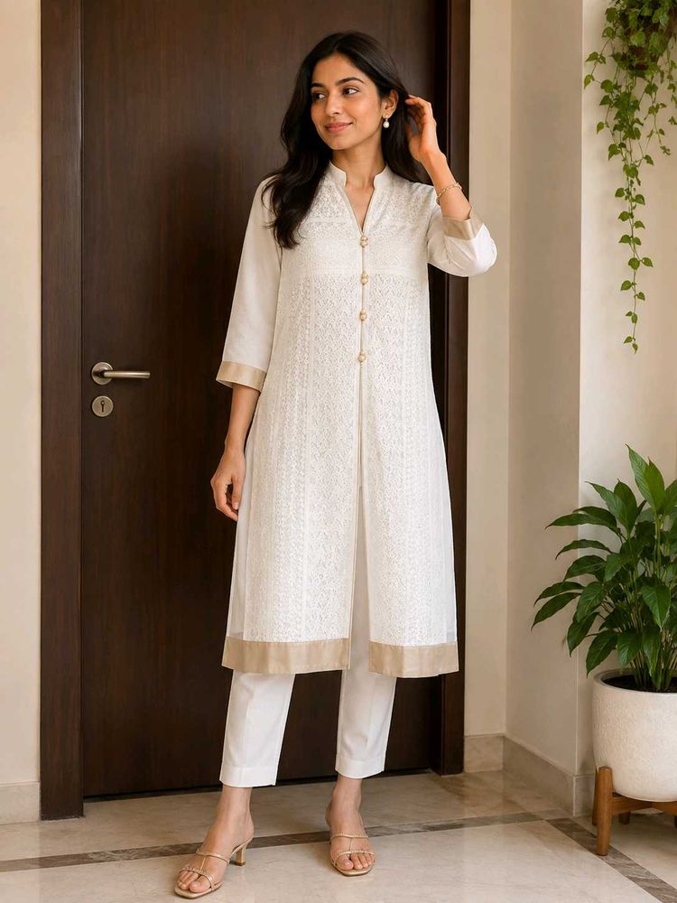 Elegant White &amp; Gold Embroidered Kurti