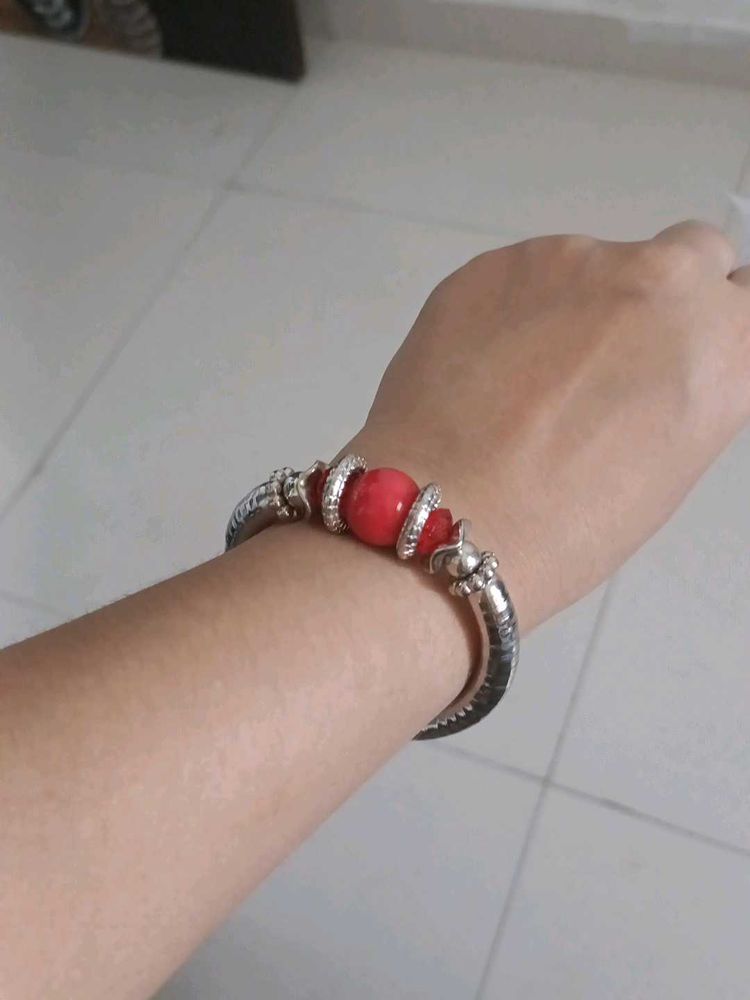 Bohemian Red Bead Silver Bracelet