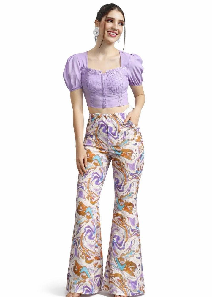 Stylish Lavender Crop Top &amp; Patterned Pants