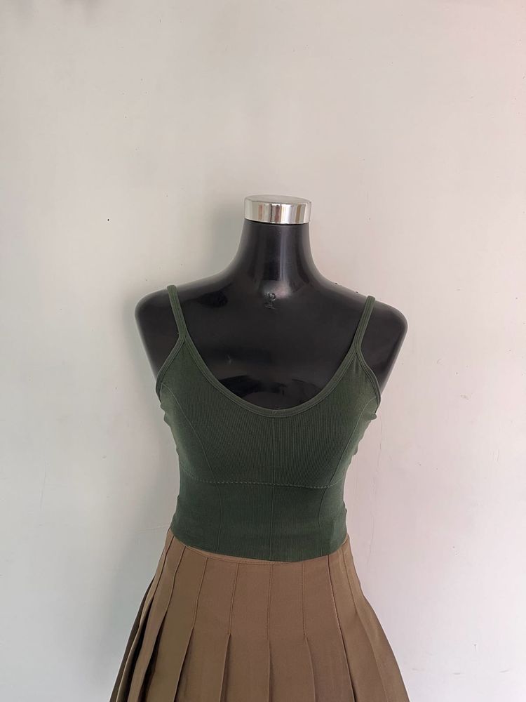 Green Ribbed Crop Tank Top
