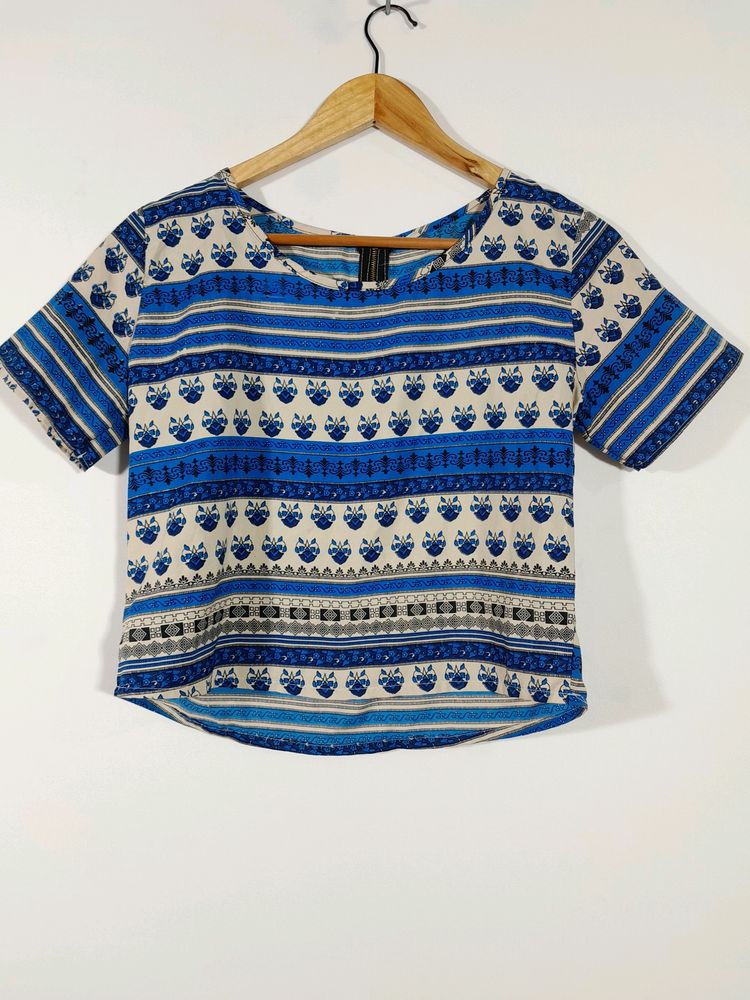Boho Blue Patterned Cropped Top