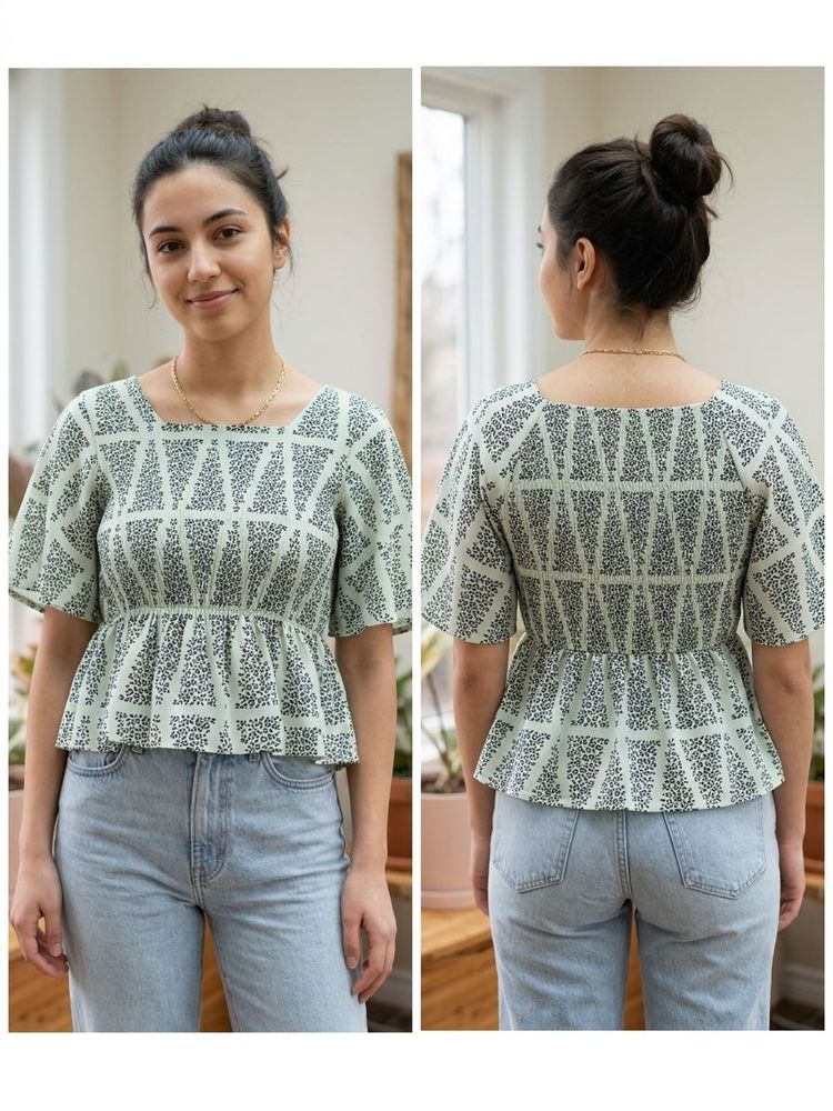 Light Green Peplum Top with Geometric Print