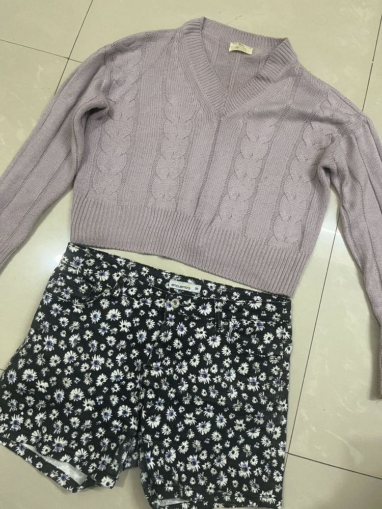B1G1 lavender sweater with cute shorts