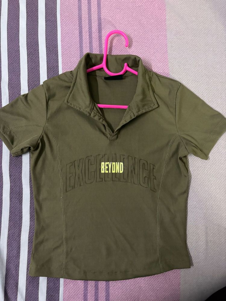 Westside Olive Green Cropped Collared Top