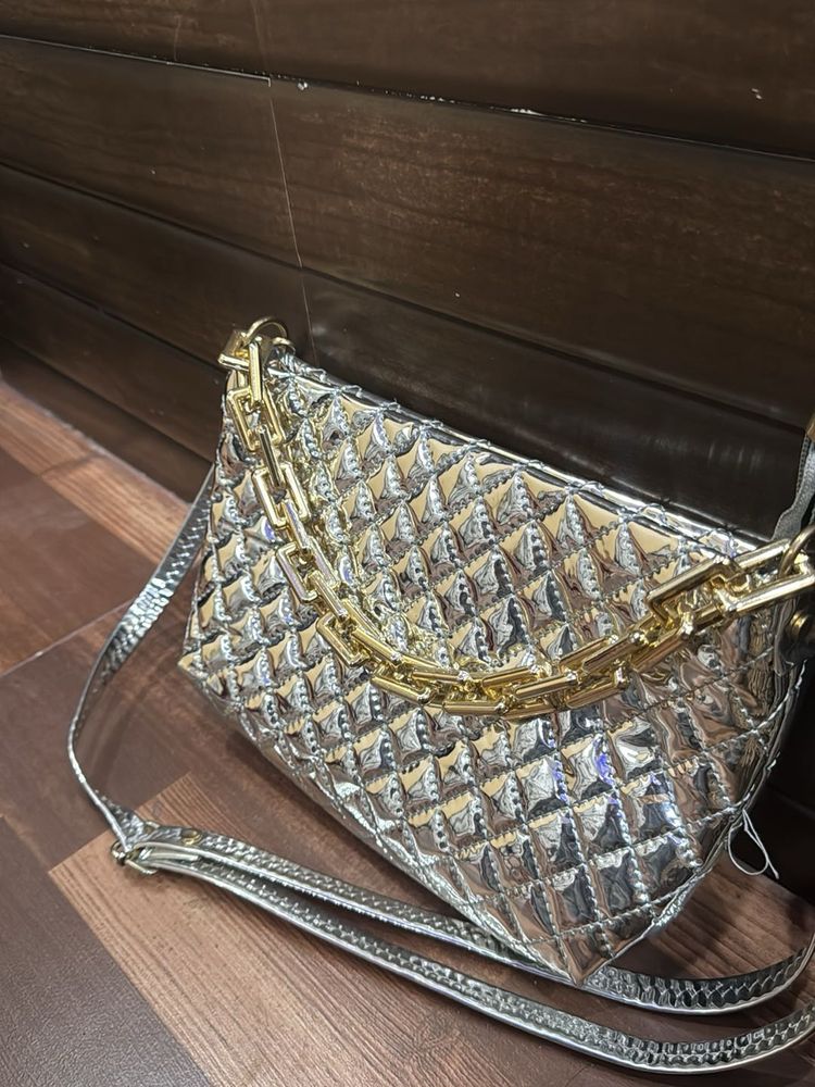 Chic Quilted Silver Shoulder Bag