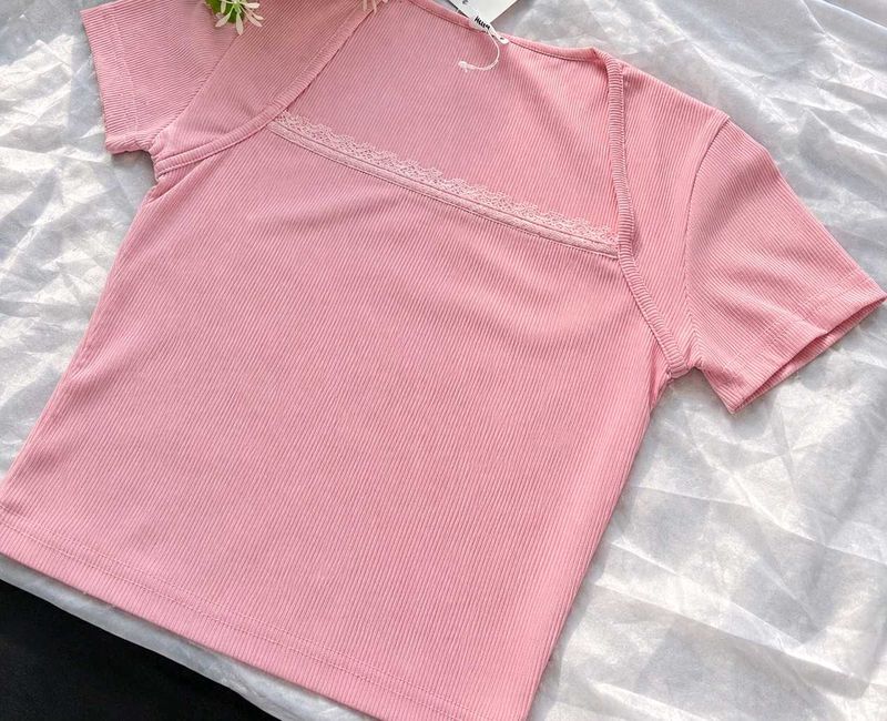 Cute Pink Ribbed Lace Trim Top Littlebox