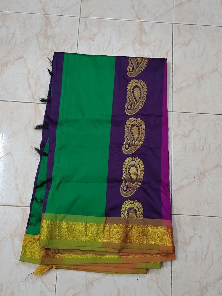 Vibrant Green &amp; Purple Arni Silk Saree