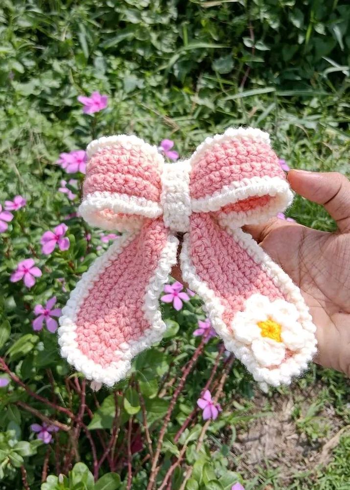 Crochet Pink Bow Hair Clip