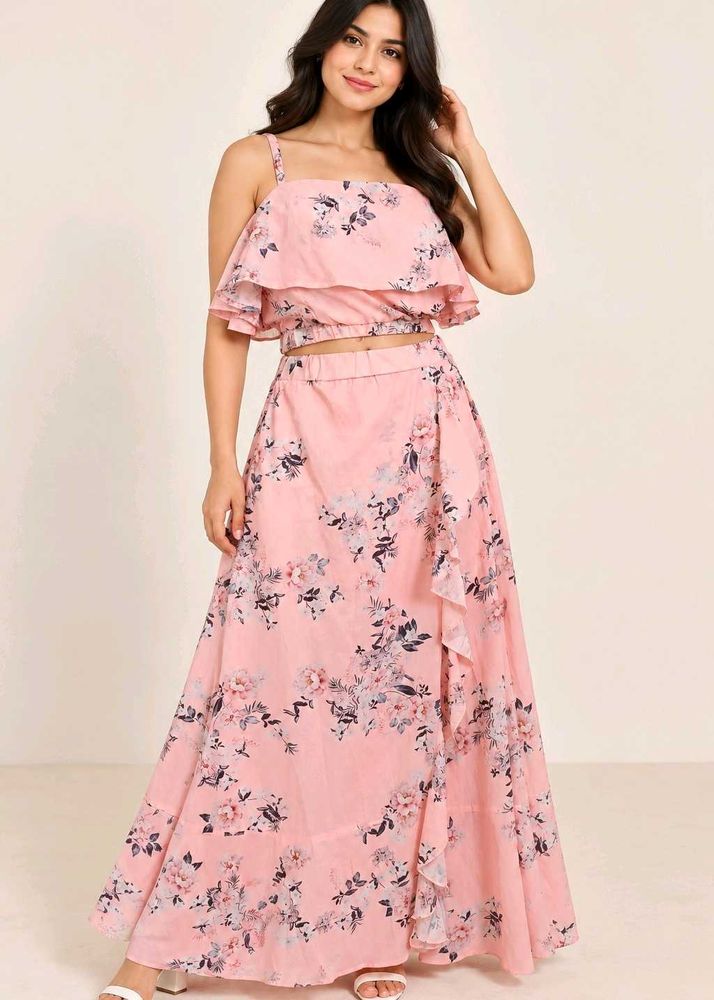 Peach Floral Printed Two-Piece Set for Women