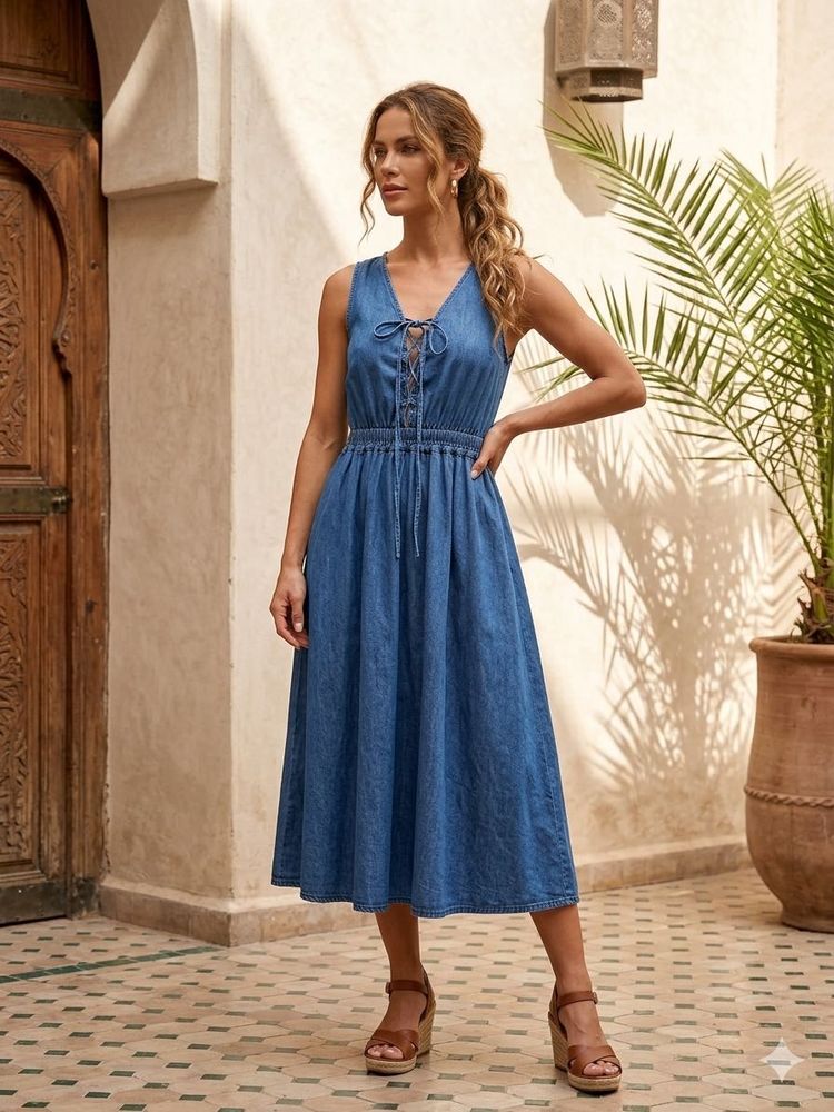 Denim Midi Dress with Tie Neck