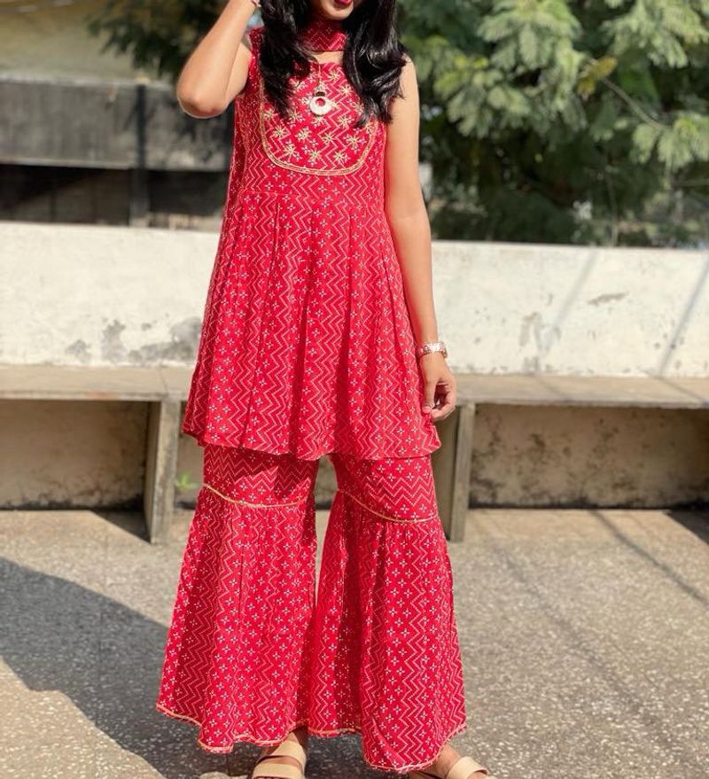 Vibrant Red Printed Kurta Set with Sharara Pants