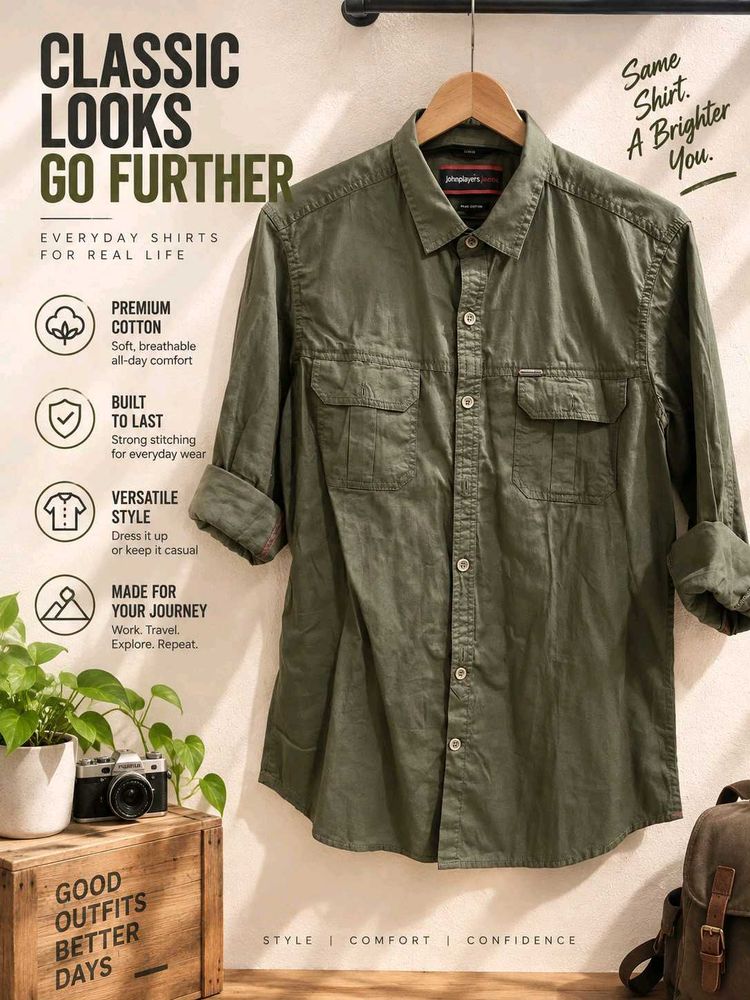 John Players Classic Green Cotton Shirt
