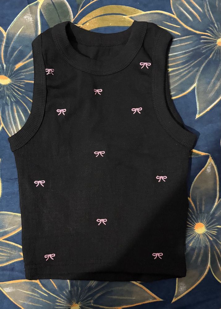 Black Ribbed Tank Top with Bows