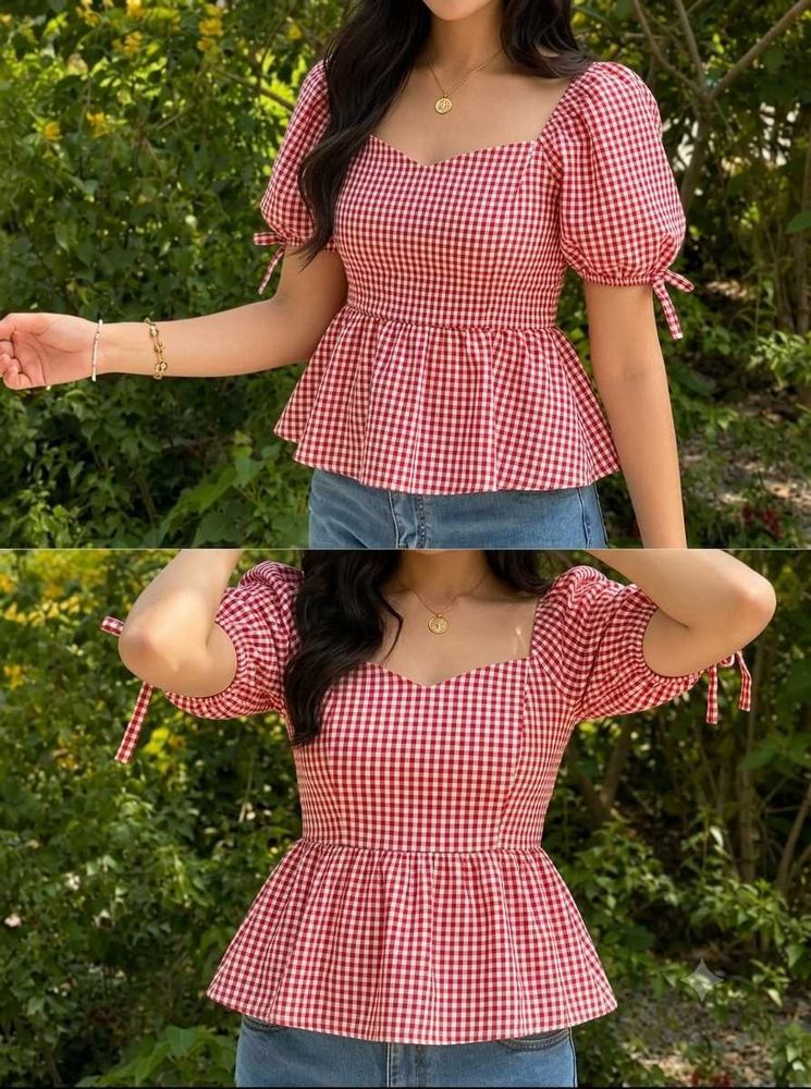 Chic Red Gingham Peplum Top