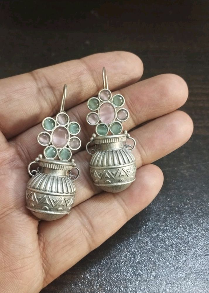 Very Very Beautiful Brass Earrings With Semi-precious Stone Work 👌 😍