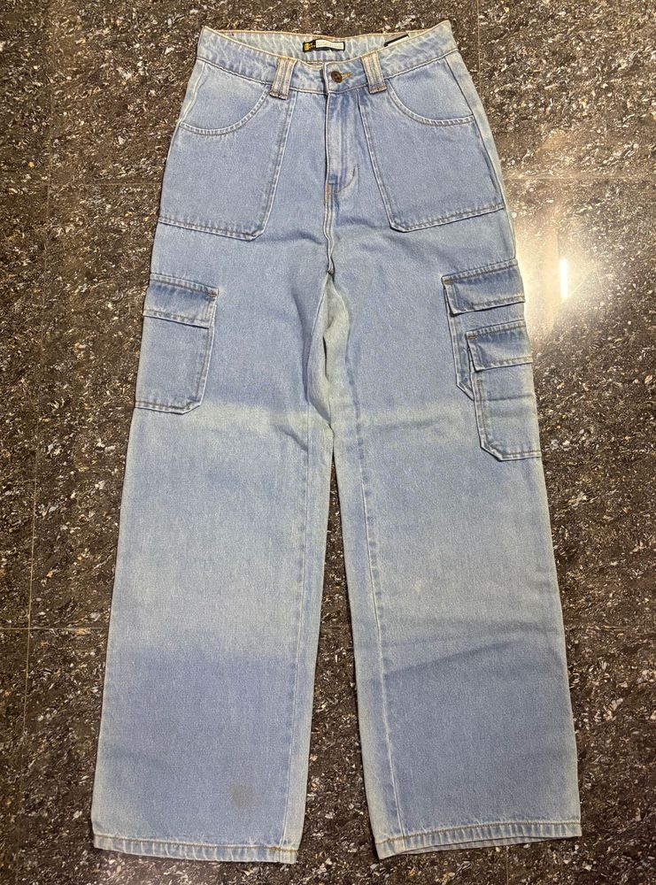 Off Duty Blue Boyfriend Cargo Wide Leg Denims