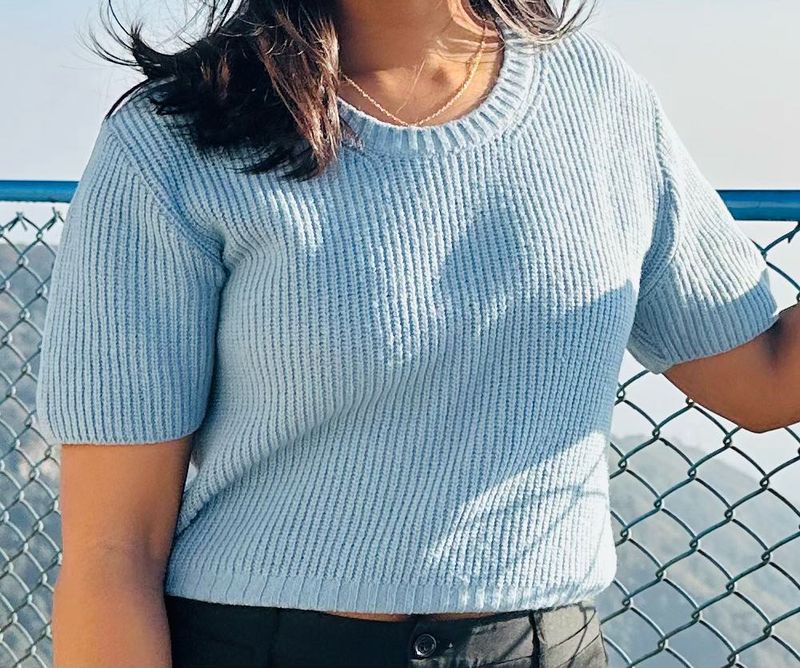Sky Blue Ribbed Knit Top