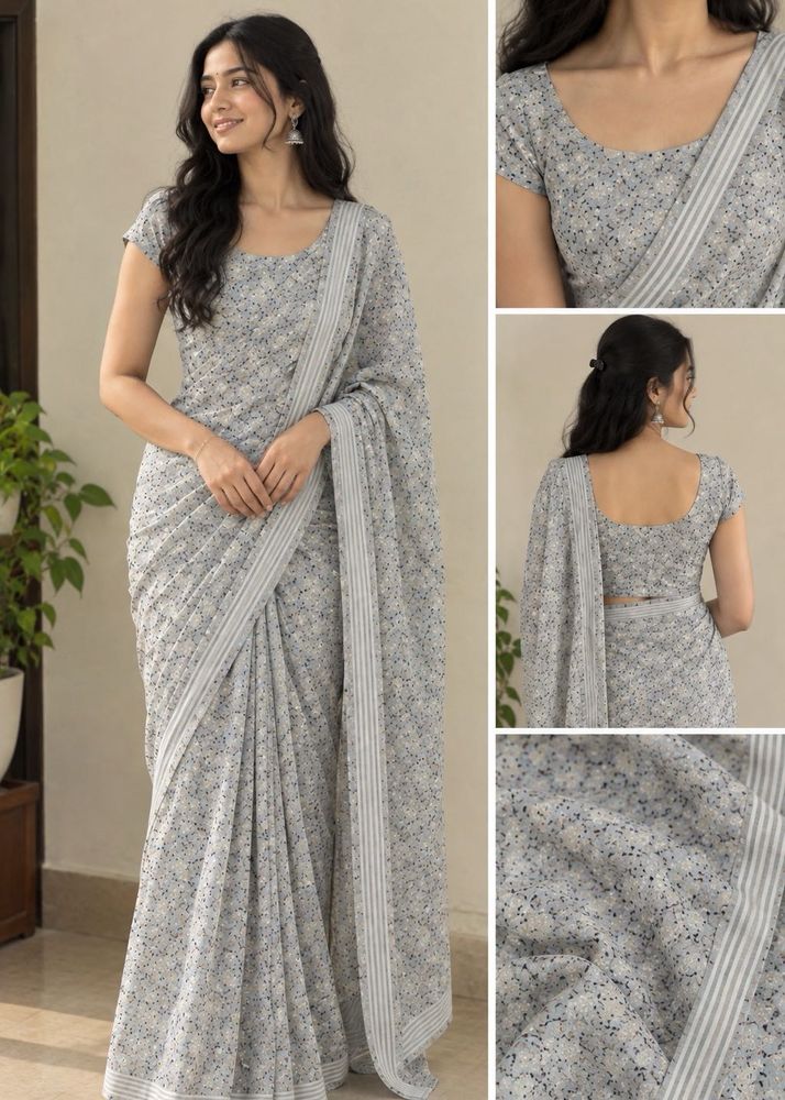 Elegant Grey Floral Saree and Blouse