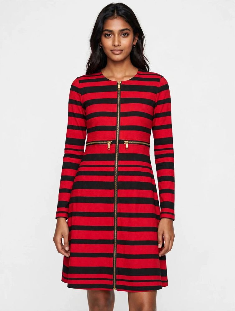 Red &amp; Black Striped Zip-Front Dress