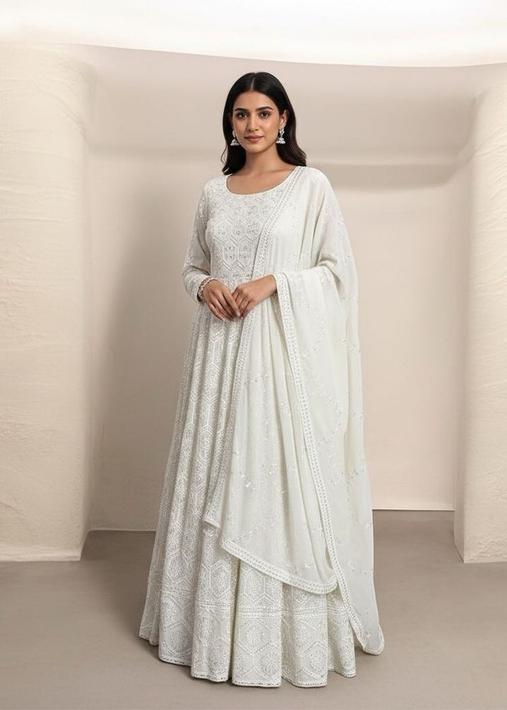 White Party Wear Anarkali Gown &amp; Dupatta
