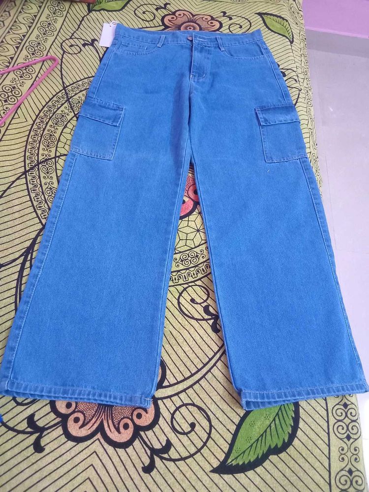 Blue Wide Leg Cargo Jeans