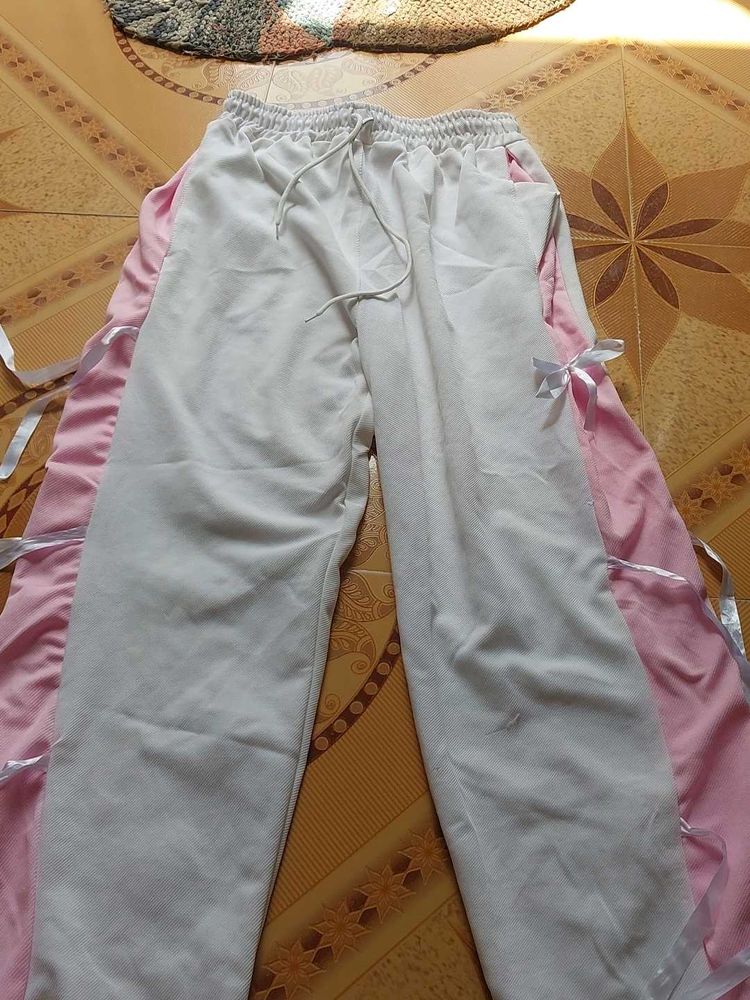Comfortable White Lounge Pants with Pink Accents