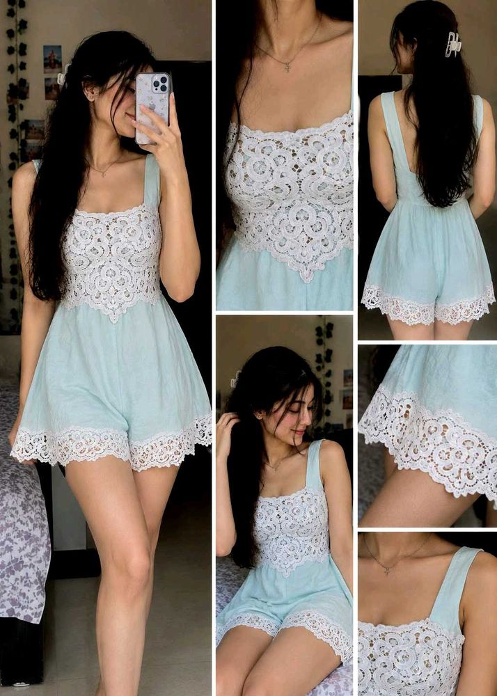 Cute Light Blue Lace Romper