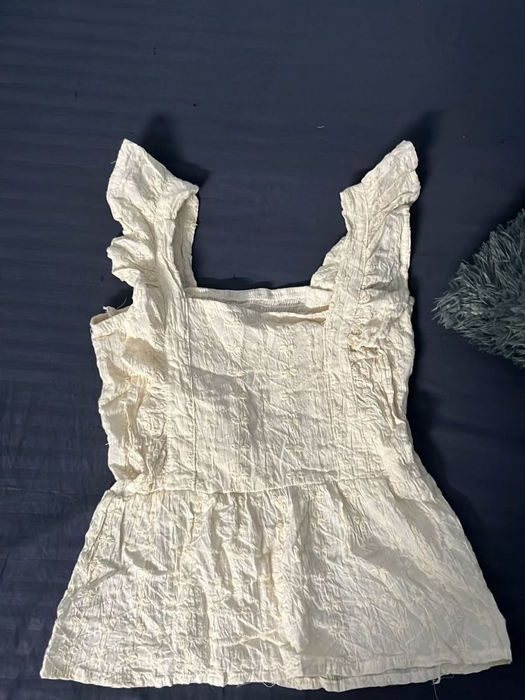 Cream Textured Ruffle Top