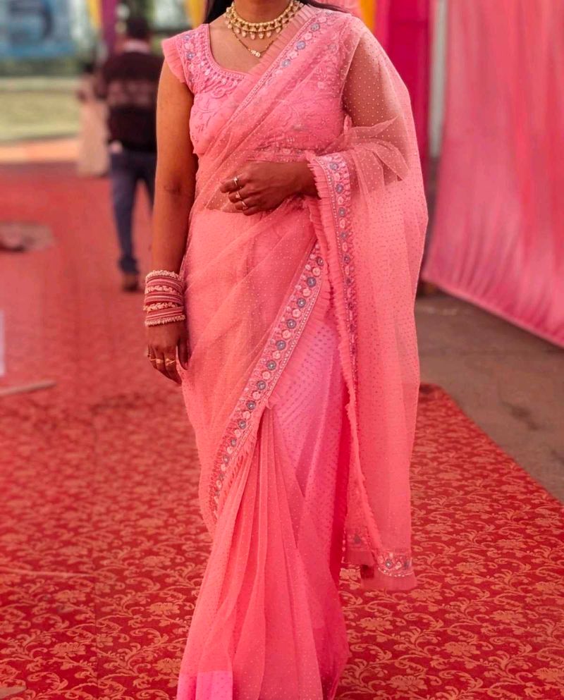Elegant Pink Embroidered Saree+ blouse