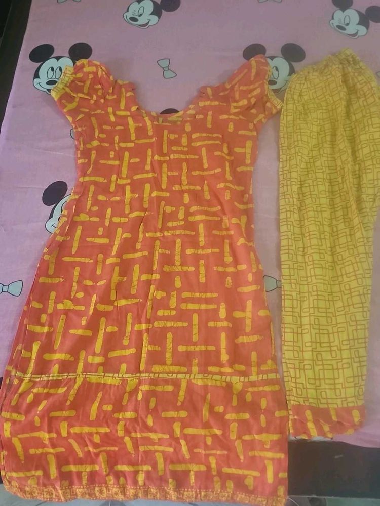 Orange and Yellow Printed Kurta Set