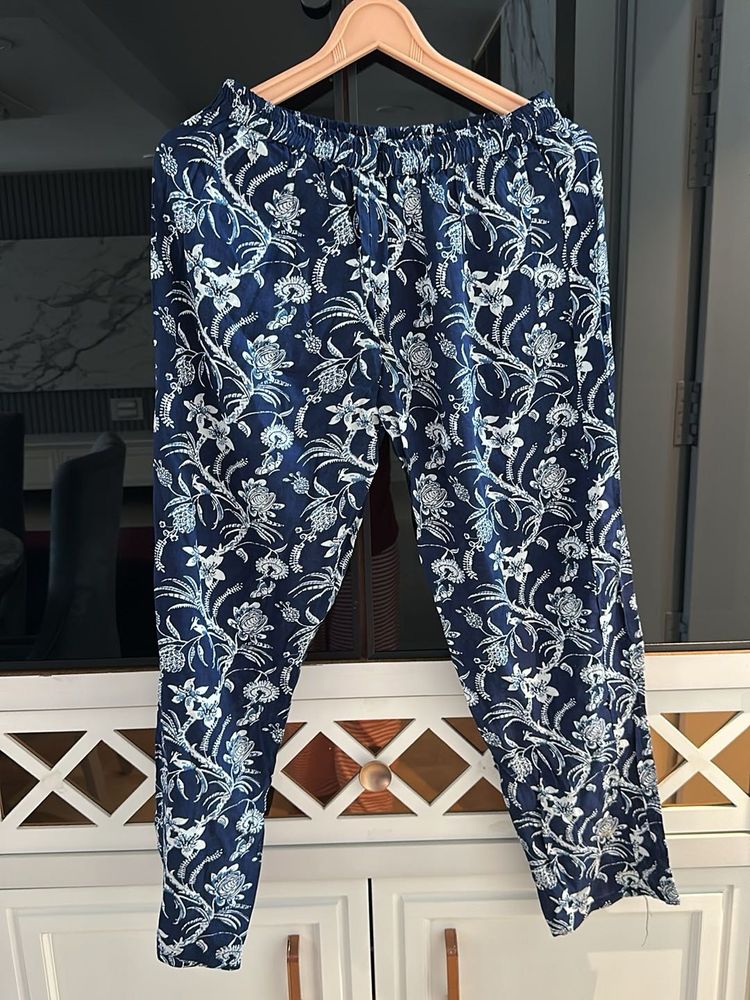 Blue Floral Print Palazzo Pants high waist