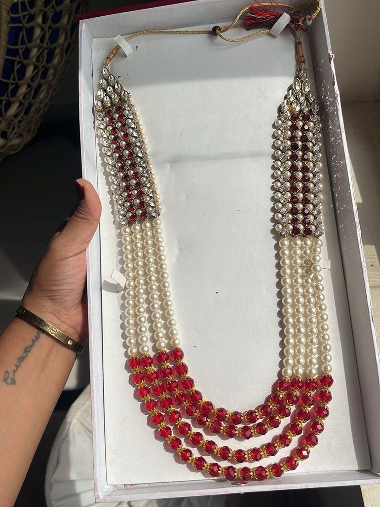 Layered Pearl and Red Bead Necklace