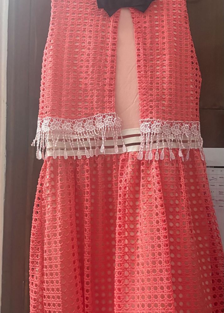 Chic Coral Lace Dress with Tassel Detail