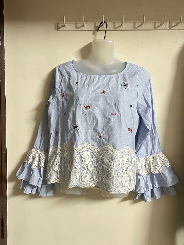 Charming Blue Embroidered Top with Lace Details
