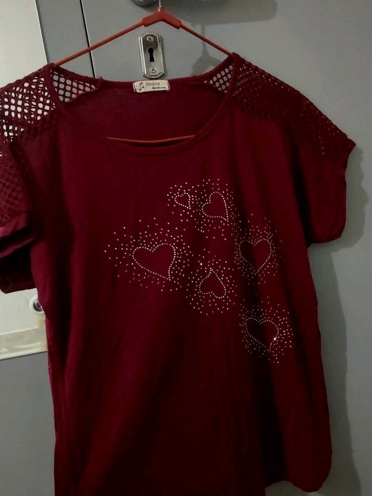 Burgundy Heart Embellished Tee