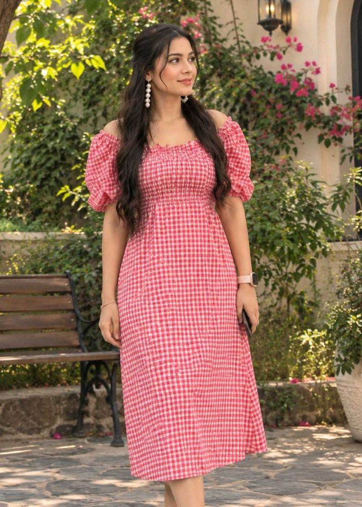 Chic Pink Gingham Off-Shoulder Dress